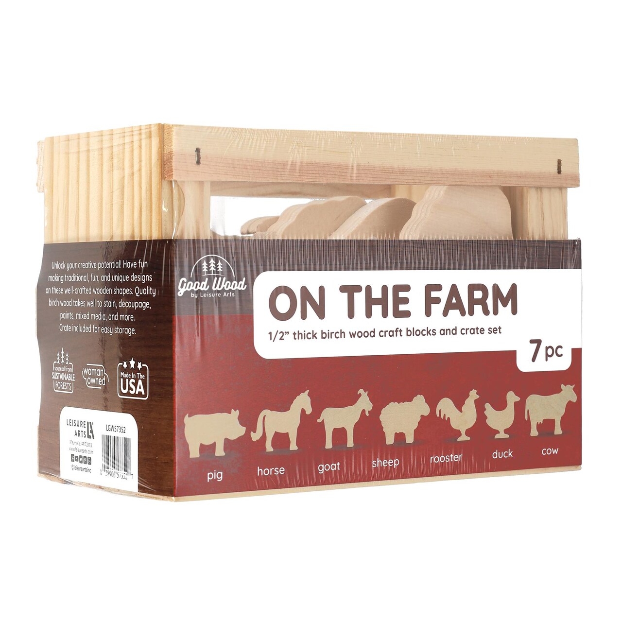 Good Wood by Leisure Arts: On The Farm Crate Set - 7 Piece Animal Wood Cutouts - Small Wooden Shapes for Crafts - Wooden Craft Shapes - wooden animals to paint